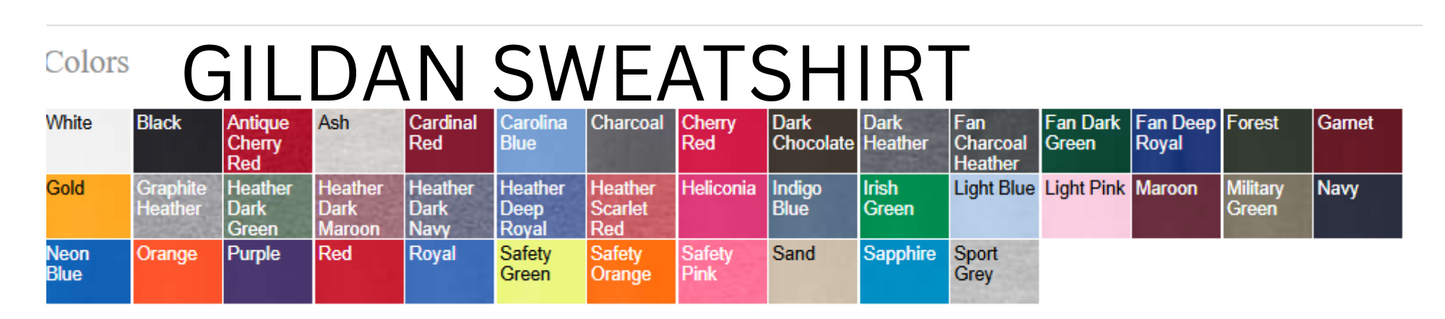 Gildan sweatshirt color chart with various color options.