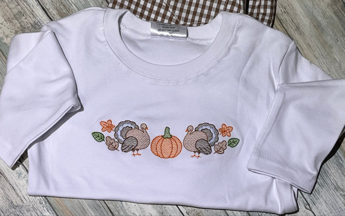 Embroidered Fall Theme Turkey And Pumpkin Shirt