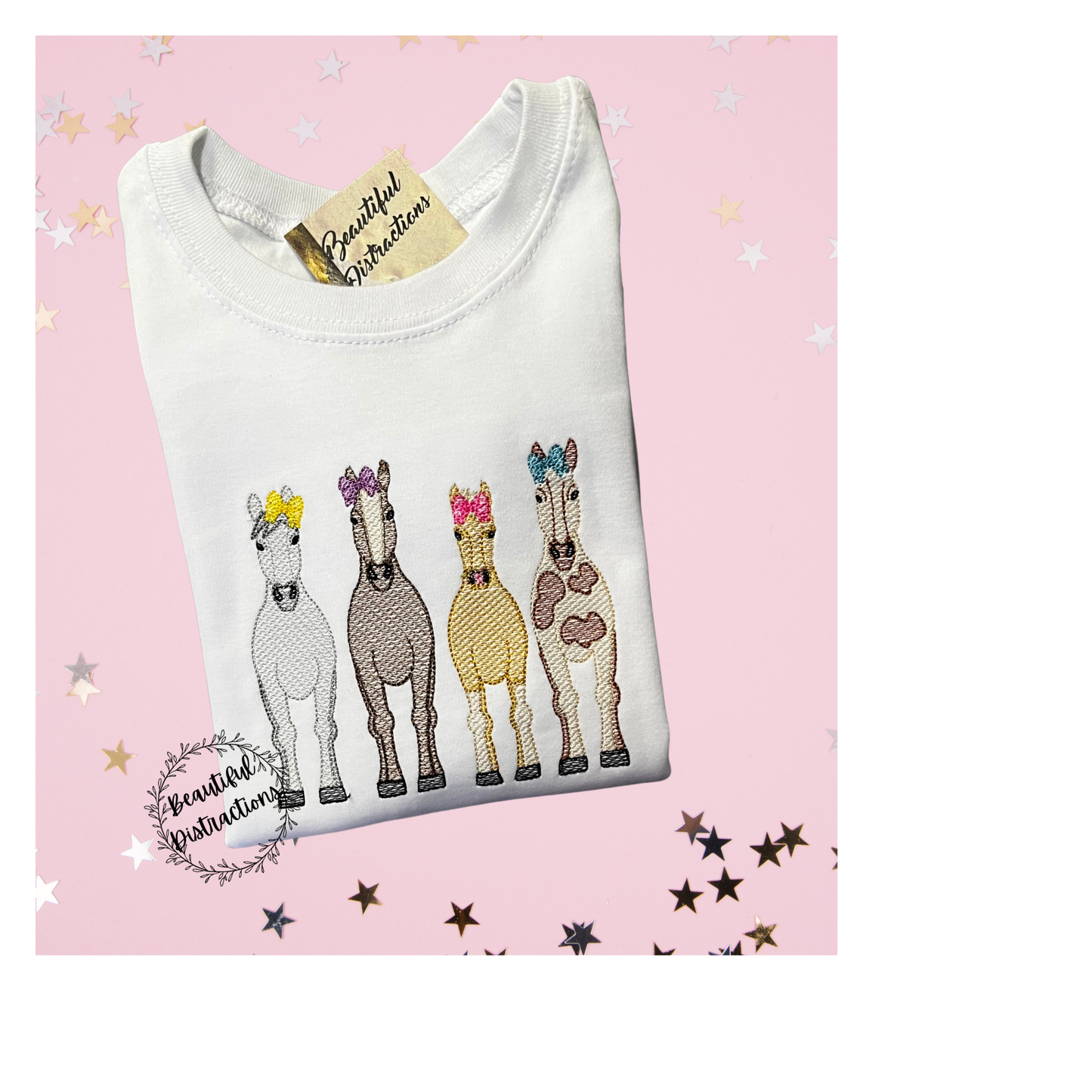 white puff sleeve top for girls decorated with preppy bow wearing horses on a pink background with stars