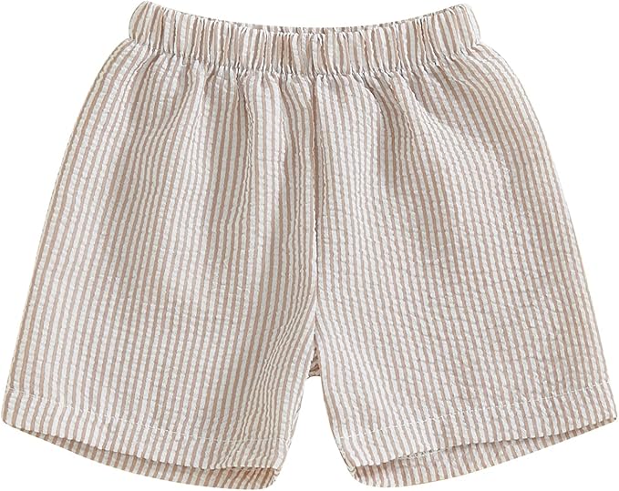 KHAKI AND WHITE Striped boys shorts on a white background