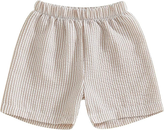KHAKI AND WHITE Striped boys shorts on a white background