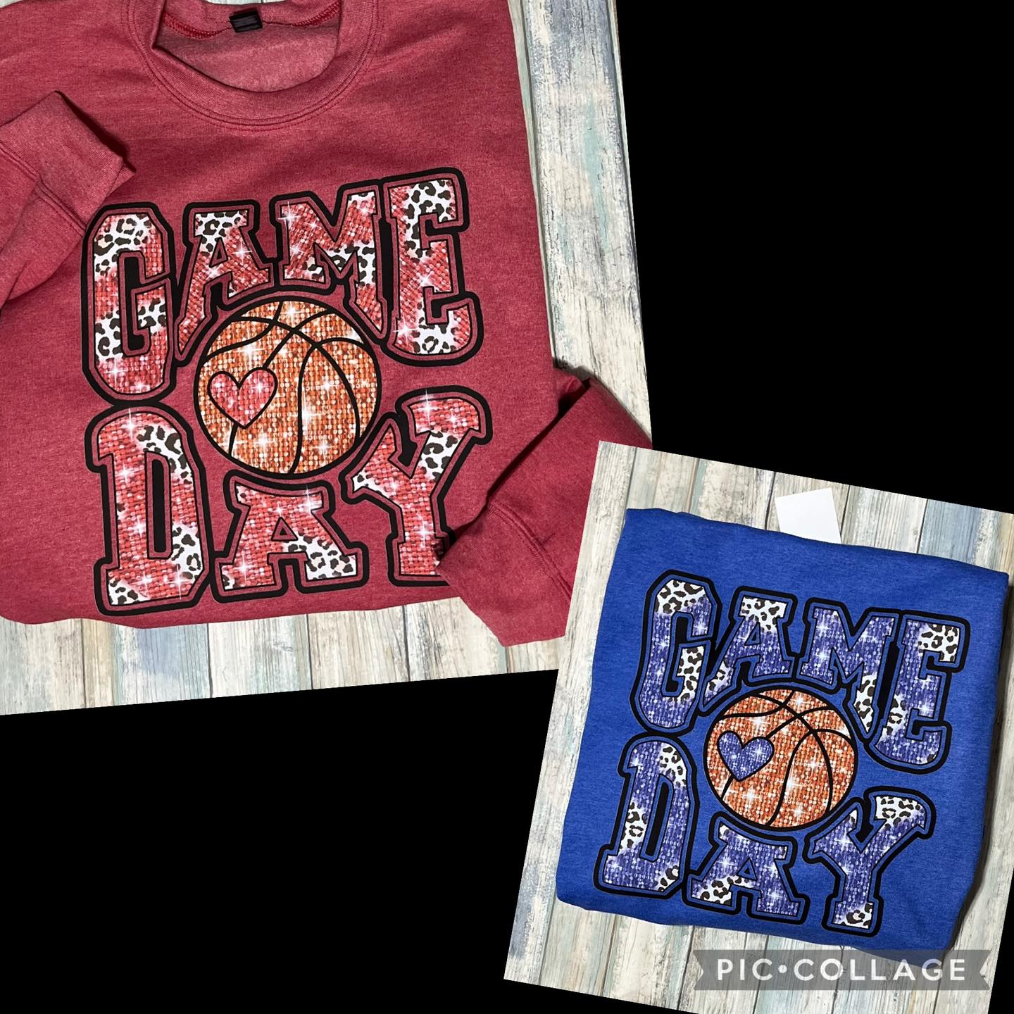 Two Game Day sweatshirts, one in red and one in blue, with 'Game Day' text and a faux glitter animal print and basketball design.