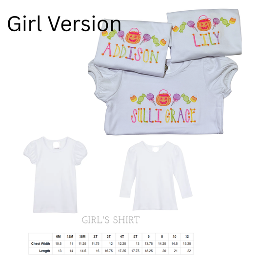 AVAILABLE IN LONG AND SHORT SLEEVE WHITE SHIRTS   EMBROIDERED DESIGN FEATURING HALLOWEEN CANDY BUCKET, SUCKERS, CANDY PIECES AND CANDY CORNS.  NAME IS EMBROIDERED BELOW THE DESIGN IN A DOTTED STRINGY FONT IN MULTIPLE MATCHING COLORED THREAD  PICTURE ALSO SHOWS THE SHIRTS IN SHORT AND LONG SLEEVE STYLES AND THE SIZING GUIDE .  pICTURE BACKGROUND COLOR IS WHITE