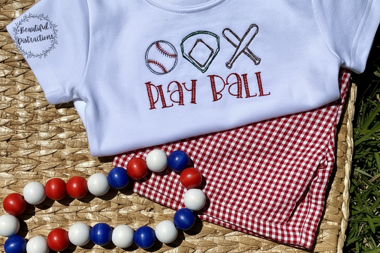 WHITE SHIRT EMBROIDERED WITH A BASEBALL, BALL FIELD AND BATS WITH THE WORDS PLAY BALL IN RED UNDERNEATH.  A PAIR OF RED AND WHITE SHORTS UNDER THE SHIRT AND A STRAND OF RED WHITE AND BLUE BEADS BY THE OUTFIT. BACKGROUND OF PICTURE IS A WICKER PLACEMAT SITTING ON GRASS