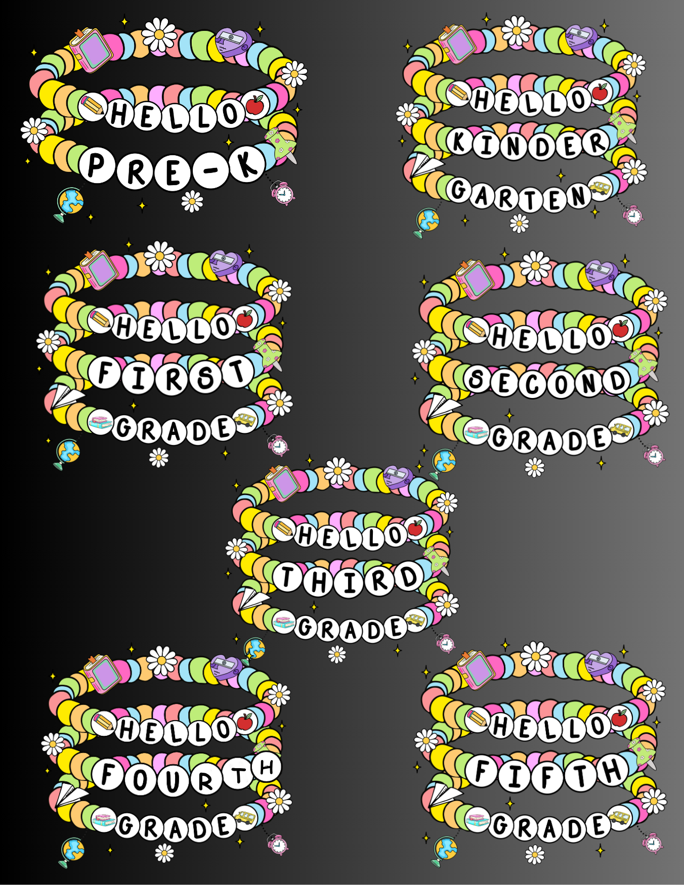 Colorful text labels for kindergarten through fifth grade friendship bracelets on a dark background