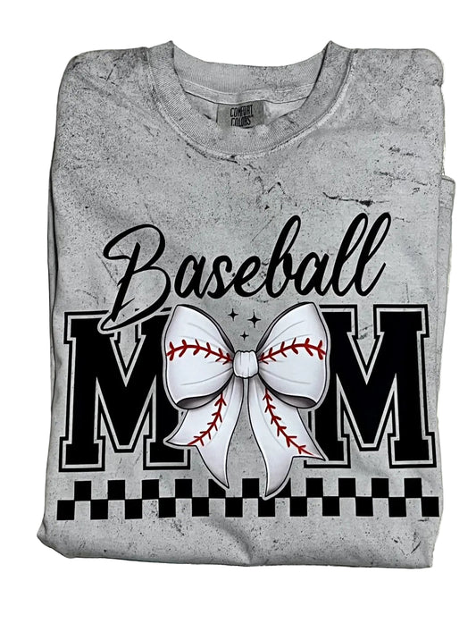 Folded gray t-shirt with 'Baseball MOM' text and a bow graphic on the front.