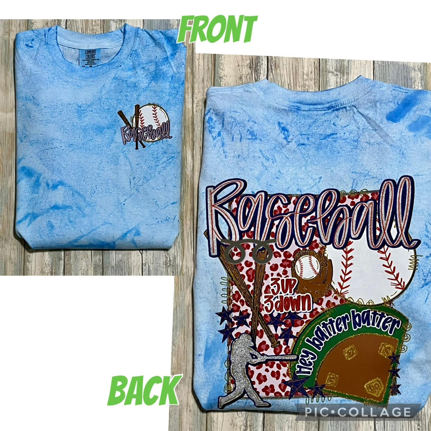 A blue t-shirt with a baseball decal on the front and back, featuring a tie-dye pattern.