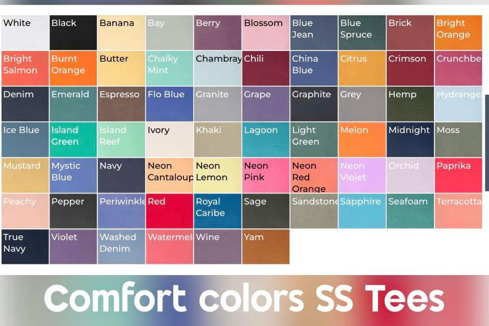 Color swatch chart for Comfort Colors SS Tees with various color names.