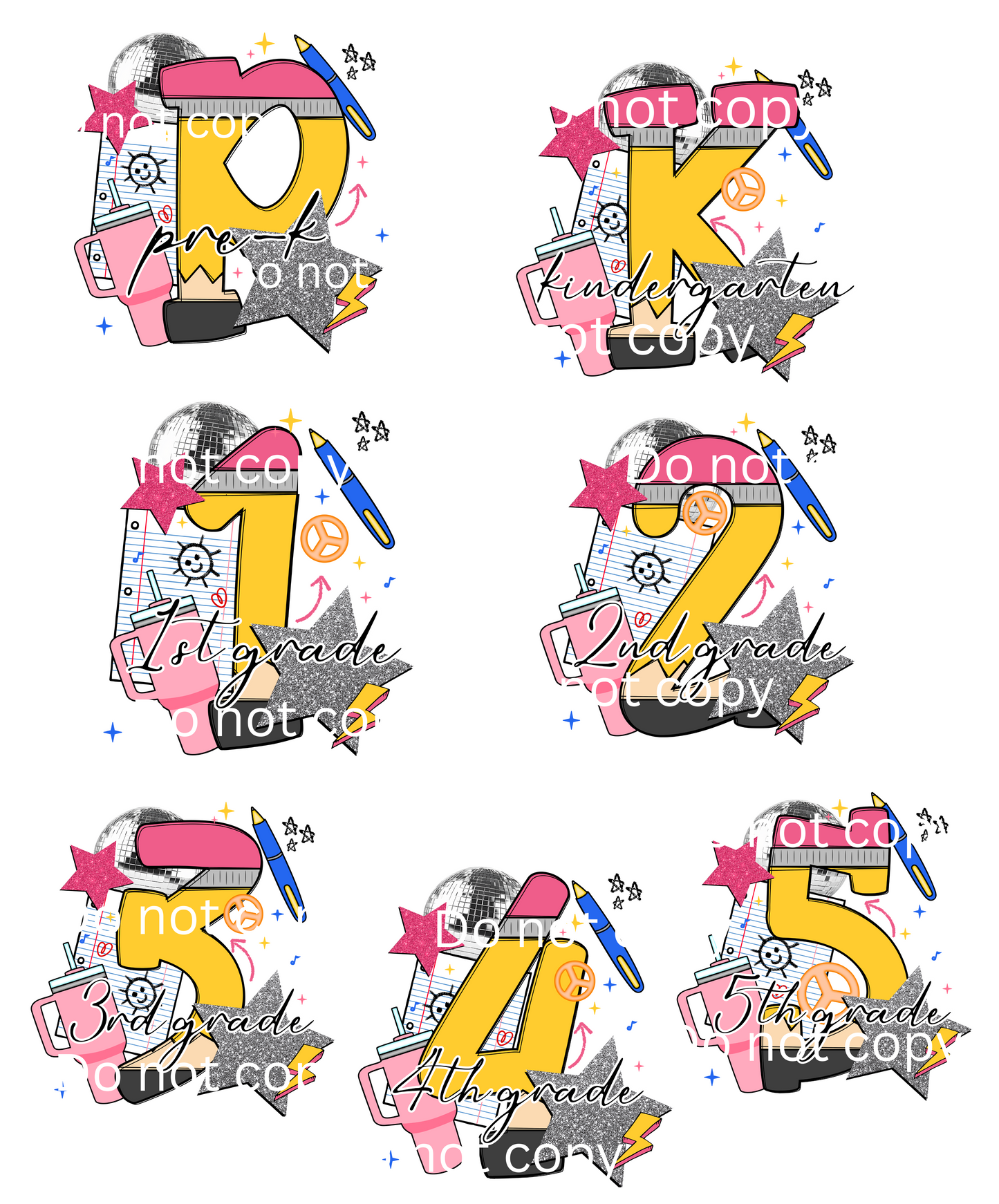Colorful numbers with school-themed graphics grades pre-k through 5th grade and text on a white background