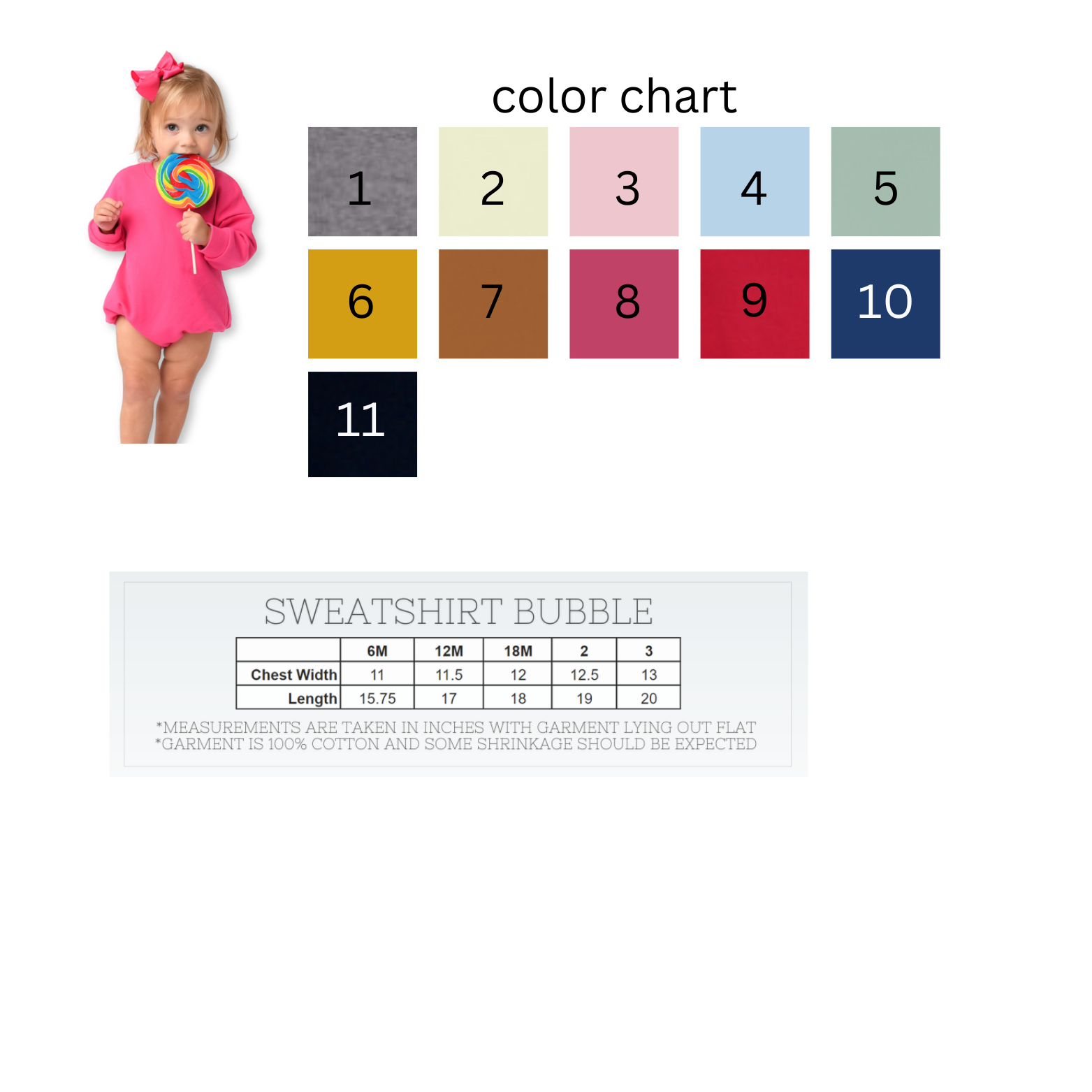 Color chart with numbers and a child wearing a pink outfit, followed by size chart for a sweatshirt bubble.