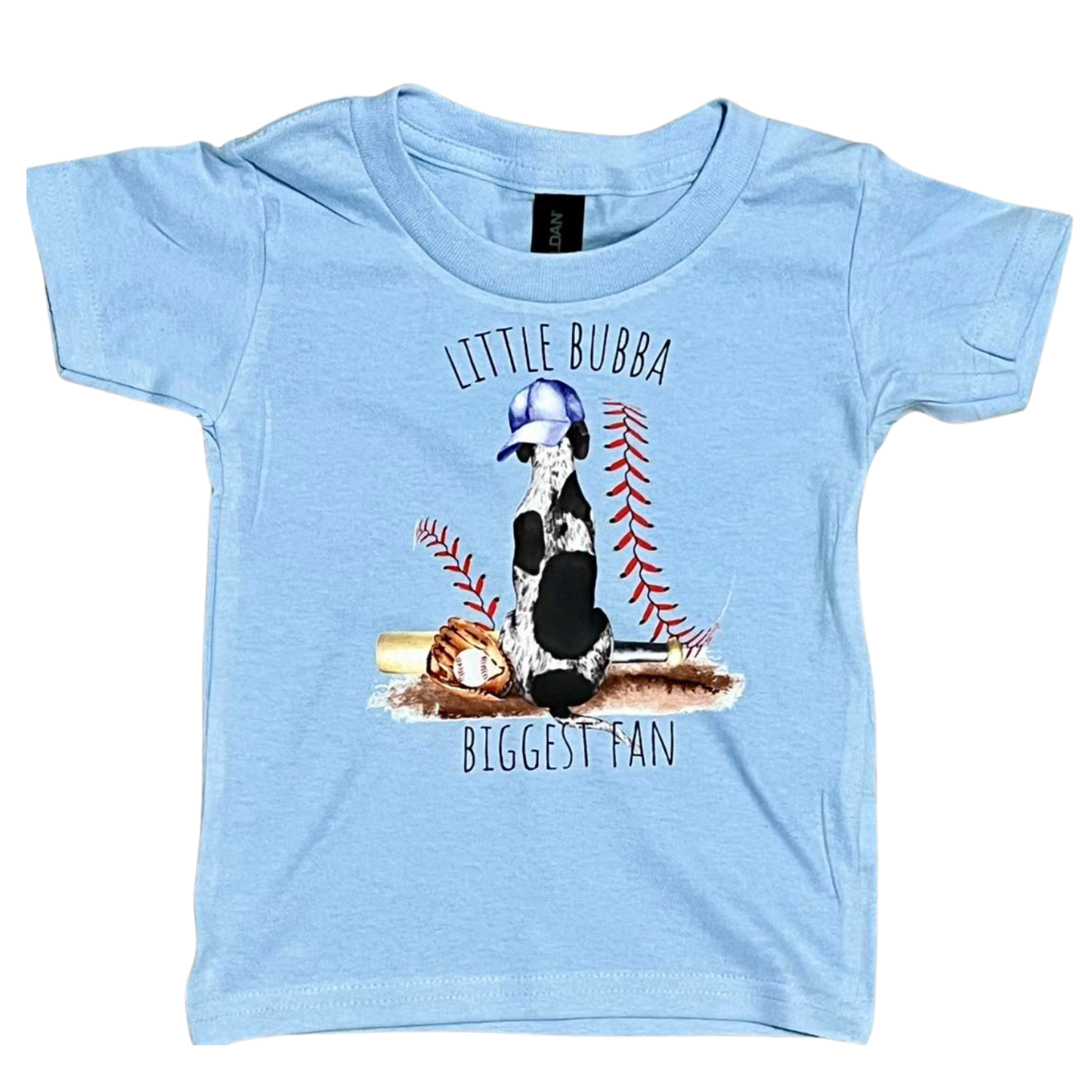 blue kids tee with dog facing backwards and baseball/glove with text that says little bubba biggest fan