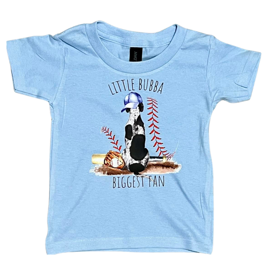 blue kids tee with dog facing backwards and baseball/glove with text that says little bubba biggest fan