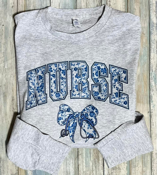 Nurse Stethoscope Blue Coquette Bow Tee