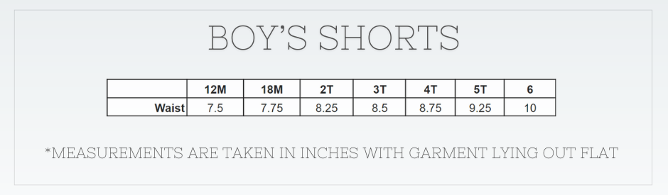 Measurement chart for boys' shorts with waist sizes in inches.