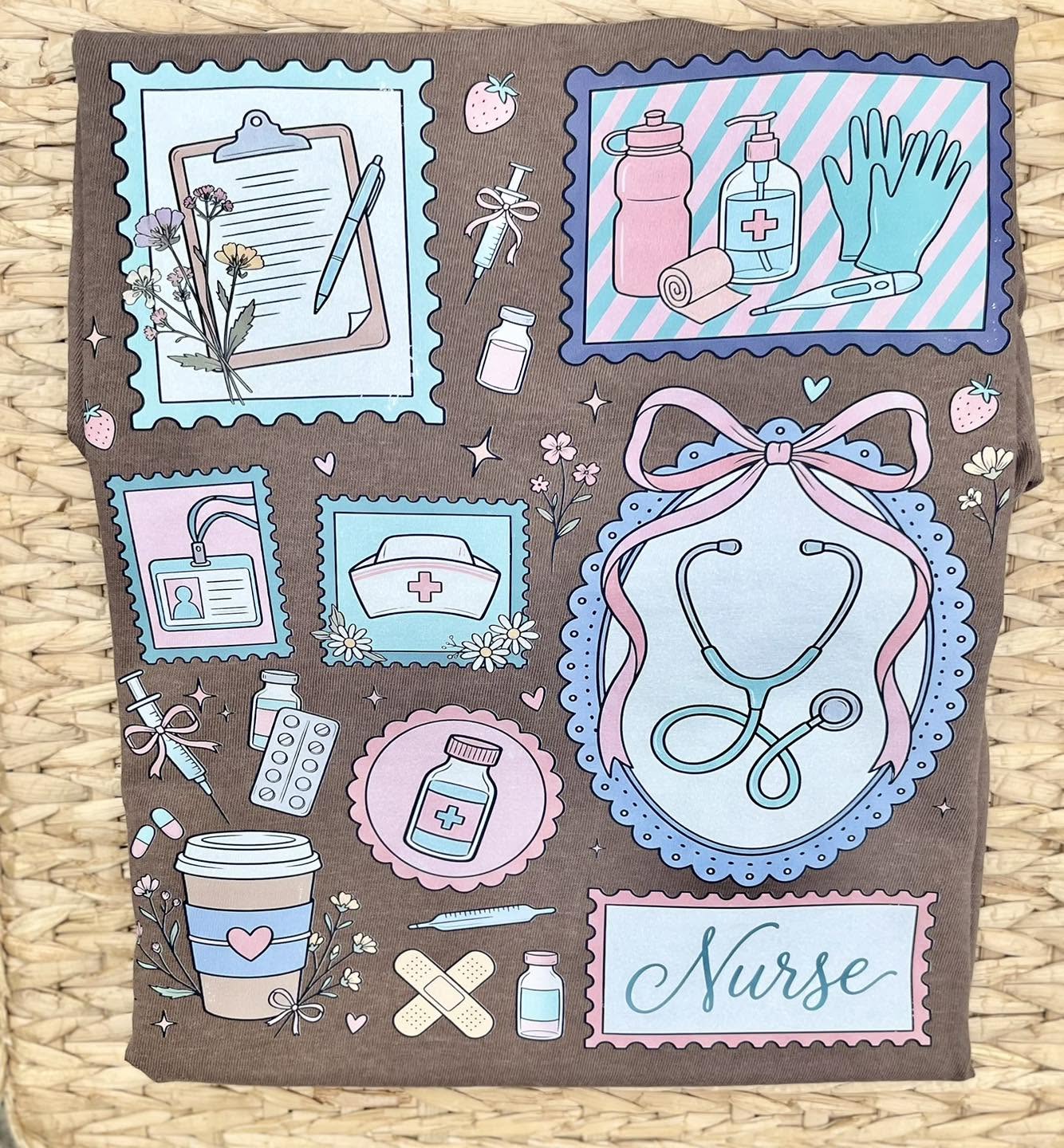 soft vintage color nurse icons on a brown tee or sweatshirt lying on a woven background
