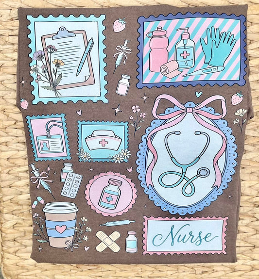 soft vintage color nurse icons on a brown tee or sweatshirt lying on a woven background