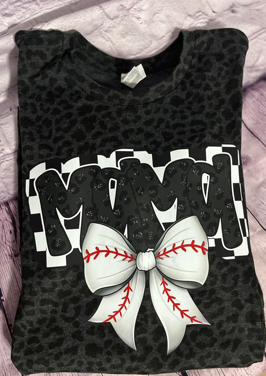 A black t-shirt with a leopard print pattern, featuring a baseball bow design and the text 'MAMA' in a checkered pattern with a softball stitch design on the end.